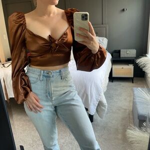 SHEIN brown silky puff sleeve cropped blouse.